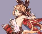  ;) bangs bare_shoulders black_gloves black_ribbon blush book breasts cape clarisse_(granblue_fantasy) gloves granblue_fantasy green_eyes hair_intakes hair_ribbon holding holding_book large_breasts light_brown_hair long_hair looking_away looking_to_the_side moko_(alice) one_eye_closed open_book ponytail purple_background ribbon sideboob sidelocks simple_background sleeveless smile solo tongue tongue_out upper_body v v_over_eye vial 
