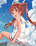  brown_eyes brown_hair cloud day dress fang from_behind hat kantai_collection libeccio_(kantai_collection) long_hair looking_back open_mouth panties sitting sky sleeveless sleeveless_dress smile solo striped striped_panties takase_yuu underwear 
