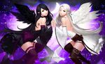  angel angel_wings artist_name bad_id bad_pixiv_id bangs bare_shoulders black_dress black_hair black_vs_white black_wings blue_eyes bow brown_legwear brown_ribbon choker closed_mouth crescent_moon detached_sleeves dress feathered_wings fishnet_legwear fishnets flower frown gem hands_together high_heels jewelry lace lace-trimmed_choker lace-trimmed_dress lace-trimmed_sleeves lace_trim lens_flare long_hair looking_at_viewer mismatched_legwear moon multiple_girls one_eye_closed original pentagram phonic pink_lips pointy_ears print_dress purple_background purple_bow purple_eyes purple_legwear ribbon ring siblings sisters smile swept_bangs symmetrical_hand_pose symmetry tattoo text_focus thighhighs twins very_long_hair white_dress white_hair white_wings wide_sleeves wings 