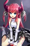  bad_id bad_pixiv_id blue_eyes elizabeth_bathory_(fate) elizabeth_bathory_(fate)_(all) fang fate/extra fate/extra_ccc fate_(series) hair_ribbon highres horns kasuka_(kusuki) long_hair open_mouth pink_hair plaid plaid_ribbon ribbon rojiura_satsuki:_chapter_heroine_sanctuary sitting sleeveless solo tail wariza 