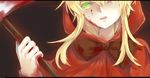  akazukin_(akazukin_ds) akazukin_darkside axe bangs blonde_hair blood blood_on_face glowing glowing_eyes green_eyes highres holding holding_weapon hood hoodie koulu little_red_riding_hood_(grimm) open_mouth sidelocks solo weapon 