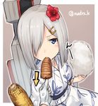  anger_vein blue_eyes commentary_request corn cotton_candy flower food hair_flower hair_ornament hair_over_one_eye hairclip hamakaze_(kantai_collection) ikayaki japanese_clothes kantai_collection kimono looking_at_viewer machinery nazunakku short_hair silver_hair simple_background solo_focus squid sucking twitter_username yakitoumorokoshi yukata 