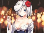  bad_id bad_pixiv_id blue_eyes blush breasts cleavage commentary_request flower hair_flower hair_ornament hair_over_one_eye hamakaze_(kantai_collection) ikayaki japanese_clothes kantai_collection kimono large_breasts mask off_shoulder short_hair silver_hair solo sousouman squid yukata 