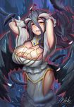  albedo black_hair black_wings breasts cleavage dress highres hip_vent horns large_breasts long_hair overlord_(maruyama) qblade solo wings yellow_eyes 