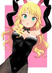  ahoge animal_ears blonde_hair breasts bunny_ears bunny_pose bunnysuit elbow_gloves gloves green_eyes hoshii_miki idolmaster idolmaster_(classic) large_breasts long_hair open_mouth pantyhose pettan_p solo 
