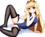  bangs black_legwear blonde_hair blunt_bangs cagliostro_(granblue_fantasy) crown full_body granblue_fantasy hairband hand_on_own_chest long_hair looking_at_viewer lying on_back on_side one-piece_swimsuit purple_eyes skin_tight solo spiked_hairband spikes swimsuit tenken_(gotannda) thighhighs 