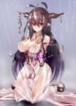  antenna_hair bad_id bad_twitter_id bandaged_arm bandages black_hair breasts chromatic_aberration danua deluxe&lt;&lt;&lt; draph dress granblue_fantasy horns large_breasts long_hair nipples pointy_ears rain red_eyes solo wet wet_clothes wet_dress white_dress 