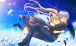  1girl air blonde_hair closed_eyes falling feathers highres hinokami_sakura hug kamio_misuzu kunisaki_yukito long_hair ponytail school_uniform short_hair silver_hair smile 