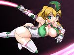  1girl ass bare_shoulders blonde_hair blush boots breasts cyborg elbow_gloves erect_nipples female gloves green_eyes hat kagaku_touki_silver_raina large_breasts leotard long_hair looking_at_viewer open_mouth original ponytail shiny shiny_clothes shiny_hair shiny_skin simple_background solo sword thigh_boots tokihama_jirou weapon 