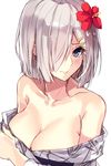  aosaki_yukina blue_eyes blush breasts cleavage collarbone flower hair_flower hair_ornament hair_over_one_eye hairclip hamakaze_(kantai_collection) japanese_clothes kantai_collection kimono large_breasts off_shoulder silver_hair simple_background solo white_background 