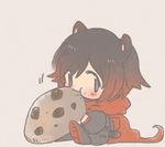  1girl animal_ears boots cape chibi cookie eating food hamster_ears rapop ruby_rose rwby short_hair simple_background solo 