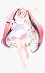  1girl ahoge bare_shoulders barefoot blue_eyes character_request collarbone female flower happy heart long_hair looking_at_viewer necklace phonic pink_hair pokemon simple_background smile twintails white_background white_dress wigglytuff wink 