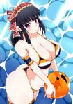  ass ball bare_shoulders beachball beatmania beatmania_iidx bikini black_hair breasts cleavage highres hinazuki_ririna ini_(mocomocccos) large_breasts looking_at_viewer pink_eyes plump solo striped striped_bikini swimsuit thick_thighs thighs thong_bikini water 