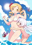  bikini blonde_hair breasts cloud day drill_hair familiar_(madoka_magica) flower gecchu hair_flower hair_ornament highres hug large_breasts long_hair mahou_shoujo_madoka_magica mahou_shoujo_madoka_magica_movie momoe_nagisa multicolored multicolored_eyes multiple_girls navel one-piece_swimsuit open_mouth outdoors pyotr_(madoka_magica) red_eyes ringed_eyes short_hair sky smile sun swimsuit tomoe_mami twin_drills twintails two_side_up wading water white_hair yellow_eyes 