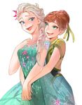  anna_(frozen) ano_(sbee) aqua_dress bangs blonde_hair blue_eyes braid brown_hair cowboy_shot crown_braid dress elsa_(frozen) flower frozen_(disney) green_eyes hair_flower hair_ornament hair_ribbon hair_up hand_on_own_chest holding_hands hug hug_from_behind looking_at_another looking_back makeup mascara multiple_girls off-shoulder_dress off_shoulder open_mouth orange_hair ribbon short_sleeves siblings silver_hair simple_background single_braid sisters smile white_background 
