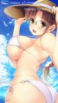  :d absurdres ass bikini bird braid breasts brown_eyes brown_hair cloud day english glasses hands_on_headwear happy_birthday hat highres hoshina_tomoko hozumi_kaoru large_breasts long_hair looking_at_viewer o-ring o-ring_bikini open_mouth outdoors seagull sideboob signature sky smile solo strap_slip sun_hat swimsuit to_heart underboob water 