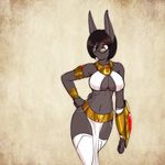  2015 anthro armlet armor asymmetrical_clothing big_breasts bob_haircut bob_hairstyle bracers breasts cleavage clothed clothing cybil egyptian_clothing egyptian_outfit eyewear female gauntlets glasses golden_accessories lagomorph loincloth mammal rabbit scorpdk solo 
