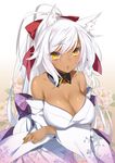  47agdragon :o animal_ears blush breasts cleavage collarbone dark_skin floral_print fox_ears hair_ornament hair_ribbon highres japanese_clothes kimono large_breasts looking_at_viewer off_shoulder open_clothes open_kimono original ribbon solo white_hair yellow_eyes 