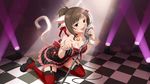  animal_ears artist_request bell breasts brown_hair cat_ears checkered checkered_floor cleavage dress fang garter_straps green_eyes highres idolmaster idolmaster_cinderella_girls idolmaster_cinderella_girls_starlight_stage jingle_bell jpeg_artifacts large_breasts maekawa_miku microphone_stand official_art paw_pose ponytail ribbon smile solo star tail 