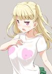  bangs blonde_hair blush breasts covered_nipples heart kichihachi large_breasts long_hair open_mouth pink_eyes shirt skirt solo sweatdrop t-shirt tokyo_7th_sisters two_side_up uesugi_u_kyouko upper_body 