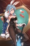  animal_ears bad_id bad_pixiv_id black_legwear blue_eyes blue_hair breasts bunny_ears bunnysuit card cleavage detached_collar gloves granblue_fantasy highres kyuuso_inukami long_hair looking medium_breasts on_shoulder pantyhose playing_card sitting smile solo sword therese_(granblue_fantasy) weapon white_gloves 