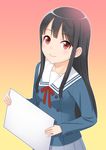  black_hair ha-ru kyoukai_no_kanata long_hair nase_mitsuki red_eyes school_uniform skirt smile solo upper_body 