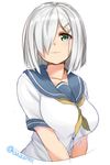  breasts green_eyes hair_ornament hair_over_one_eye hairclip hamakaze_(kantai_collection) isshiki_(ffmania7) kantai_collection large_breasts looking_at_viewer school_uniform serafuku short_hair short_sleeves silver_hair simple_background smile solo twitter_username white_background 