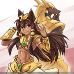  2013 anubis armor bigger_version_at_the_source brown_fur brown_hair clothed clothing deity duo female fur hair long_ears long_hair looking_at_viewer lying nam_(artist) nasus on_back red_eyes simple_background smile 