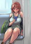  blush breasts casual cellphone embarrassed ground_vehicle large_breasts phone rozen_maiden sitting solo souseiseki train_interior tsuda_nanafushi 