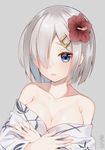  blue_eyes blush breast_hold breasts cleavage collarbone crossed_arms flower grey_background hair_flower hair_ornament hair_over_one_eye hairclip hamakaze_(kantai_collection) hibiscus japanese_clothes kantai_collection kimono large_breasts lips looking_at_viewer off_shoulder print_kimono short_hair silver_hair simple_background solo twitter_username undressing upper_body you06 