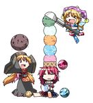  &gt;_&lt; :d =_= alternate_headwear american_flag_dress american_flag_legwear black_dress blonde_hair chibi chinese_clothes chocolate closed_eyes clownpiece dress earth earth_(ornament) fairy_wings flying food hat hecatia_lapislazuli hemogurobin_a1c ice_cream ice_cream_cone ice_cream_cone_on_head ice_cream_scoop jester_cap junko_(touhou) long_hair long_sleeves moon moon_(ornament) multiple_girls object_on_head open_mouth pantyhose rectangular_mouth red_eyes red_hair sash shirt sitting skirt smile square_mouth tabard too_many too_many_scoops touhou translated transparent_background trembling very_long_hair wide_sleeves wings xd 