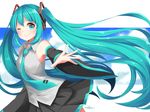  1girl aqua_eyes aqua_hair black_skirt blush chiiririn closed_mouth female hair_ornament hatsune_miku long_hair looking_at_viewer necktie skirt sky smile solo twintails vocaloid wink 