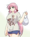  akashi_(kantai_collection) bad_anatomy bad_proportions bag blush casual clothes_writing commentary_request green_eyes gym_shorts hair_ribbon kantai_collection long_hair pink_hair plastic_bag ribbon shirt shorts side_slit side_slit_shorts smile solo t-shirt translation_request tress_ribbon usagi_niku 