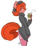  anthro beret beverage black_nose butt clothing coffee female food fur hair hat inner_ear_fluff ivanna legwear nintendo orange_hair panties pcaduck pok&eacute;mon red_eyes red_fur simple_background solo standing sweater thigh_highs underwear video_games vulpix white_background 