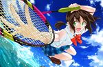  badminton_racket black_hair cloud day green_eyes hamada_kousuke hanebado! hanesaki_ayano holding_racket long_hair official_art racket school_uniform sky solo 