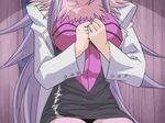  animated animated_gif bra breasts female labcoat large_breasts long_hair purple_hair renkin_san-kyuu_magical_pokaan sitting solo spider super_doctor_k-ko underwear undressing zipper 