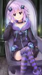  alternate_color bad_id bad_pixiv_id breasts collarbone d-pad d-pad_hair_ornament dark_persona evil evil_smile hair_ornament highres hood hooded_track_jacket jacket leaning_to_the_side long_hair looking_at_viewer neptune_(choujigen_game_neptune) neptune_(series) open_mouth purple_eyes purple_hair shinsoyori small_breasts smile solo striped striped_legwear throne track_jacket 