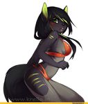  anthro black_fur black_hair blush breasts clothed clothing female fur green_eyes grey_fur hair iskra long_tail looking_at_viewer open_mouth solo 