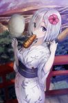  blue_eyes breasts corn cotton_candy flower ganida_boushoku hair_flower hair_ornament hair_over_one_eye hairclip hamakaze_(kantai_collection) ikayaki japanese_clothes kantai_collection kimono medium_breasts short_hair silver_hair solo squid yakitoumorokoshi yukata 