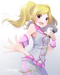  artist_name belt blonde_hair blush chains character_name chiiririn emily_stewart female gradient gradient_background idolmaster idolmaster_million_live! looking_at_viewer microphone midriff navel open_mouth pink_eyes sleeveless solo star_(symbol) twintails 