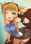  ;d ahoge artist_name ass bare_shoulders belt bent_over blonde_hair blue_eyes bodysuit brown_gloves covered_navel fang gloves goggles granblue_fantasy one_eye_closed open_mouth pengy_(granblue_fantasy) short_shorts shorts skin_tight smile solo takeda_aranobu w 