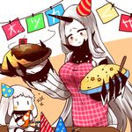  anniversary apron bare_shoulders blush breasts claws commentary_request decorations detached_sleeves dress flag food hat highres holding horn horns kantai_collection kobone large_breasts long_hair mini_flag mittens multiple_girls northern_ocean_hime omelet pale_skin party_hat red_eyes sanpaku seaport_water_oni shinkaisei-kan sleeveless sleeveless_dress smile sparkle spoon string_of_flags table very_long_hair white_dress white_hair white_skin |_| 