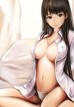  alternate_hairstyle bad_id bad_pixiv_id black_hair breasts cleavage dead_or_alive hair_down large_breasts lei_fang long_hair looking_at_viewer naked_shirt nannacy7 navel on_bed open_clothes open_shirt panties red_eyes shirt sitting smile solo underwear white_panties 
