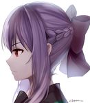  1girl artist_name bow braid braids chiiririn closed_mouth expressionless female hair_bow hiiragi_shinoa owari_no_seraph purple_hair red_eyes simple_background solo white_background white_bow 