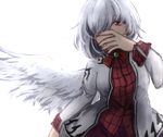  angel_wings bow brooch collared_shirt covering_mouth cowboy_shot dress feathered_wings hair_over_one_eye jacket jewelry kishin_sagume long_sleeves looking_to_the_side plaid plaid_shirt purple_dress red_eyes shirt short_hair silver_hair single_wing solo sunaya_yanokura touhou white_background wings 
