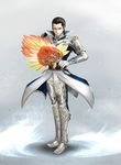  armor black_hair brown_eyes feather_fan full_body fuoore_(fore0042) gloves hair_slicked_back highres male_focus sangoku_musou shin_guards shin_sangoku_musou shoulder_armor solo vambraces white_gloves wind zhuge_dan 