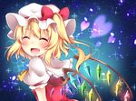  ascot blonde_hair blush bow fang flandre_scarlet hat hat_bow heart looking_at_viewer miy@ mob_cap open_mouth side_ponytail smile solo sparkle touhou wings 
