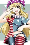  ;d alternate_legwear american_flag_dress american_flag_legwear american_flag_panties bangs blonde_hair blue_background blush breasts circle clownpiece cowboy_shot dress dress_lift eyebrows eyebrows_visible_through_hair fingernails flag_print flashing frilled_shirt_collar frills hand_up hat heart jester_cap letterboxed long_hair looking_at_viewer lowleg lowleg_panties medium_breasts nail_art nail_polish neck_ruff neko_nami83 one_eye_closed open_mouth panties print_dress print_legwear print_panties purple_eyes round_teeth short_dress short_sleeves simple_background smile solo star star_print striped striped_dress striped_legwear striped_panties teeth thighhighs thighs tongue touhou triangle underwear v_over_eye very_long_hair w 