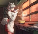  animal_ears bangs breasts cabinet closed_eyes cooking cowboy_shot eating eyebrows fire flame food from_side housewife indoors inubashiri_momiji kappougi kitchen ladle large_breasts long_sleeves pot profile short_hair silver_hair sipping skirt solo standing steam stove tail tasting thick_eyebrows tochinoko touhou window wolf_ears wolf_tail 
