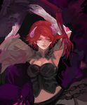  breasts cleavage elbow_gloves gloves granblue_fantasy hair_ornament lady_grey large_breasts lips looking_away looking_to_the_side mature navel nirco parted_lips pink_eyes red_hair short_hair skeleton solo upper_body white_gloves 